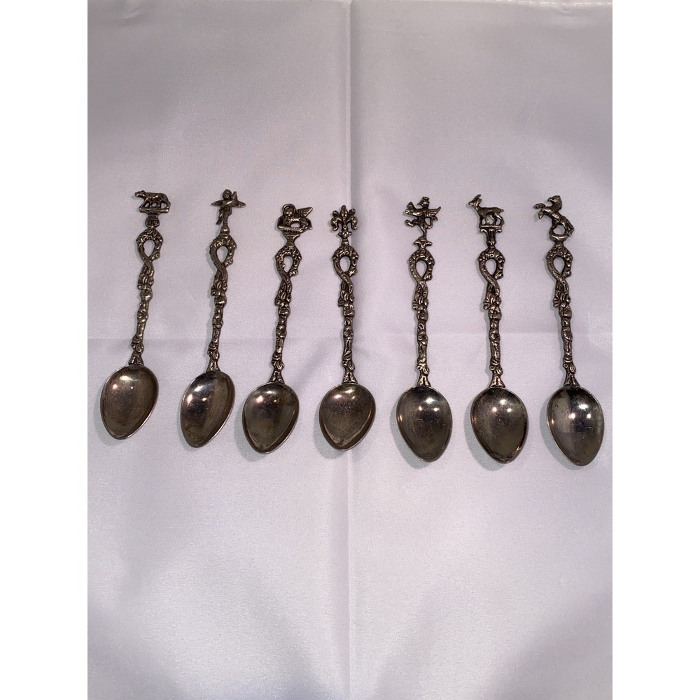 Set of 7 Montagnani Style Italy Stamped Figural Demitasse‎ Spoons Ornate Vintage